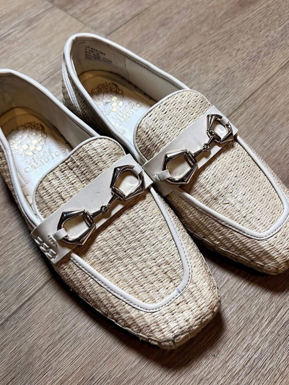 Vince Camuto Marynis Raffia Horsebit Loafers Cream Gold Size 7.5 / 38